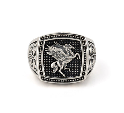Exclusive Horse (Pegasus) Vintage Byzantine Style Signet Ring, Oxidized Sterling Silver  Ring Authenticity and