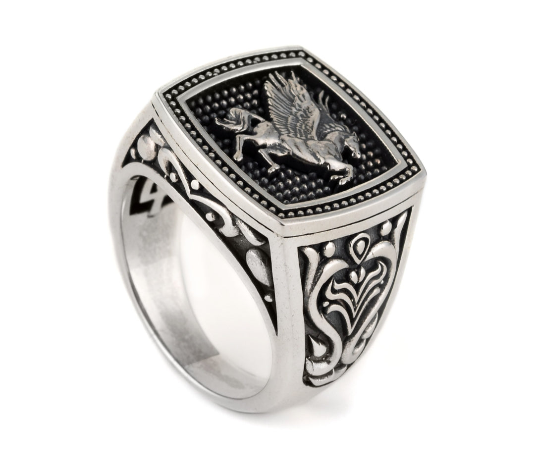 Exclusive Horse (Pegasus) Vintage Byzantine Style Signet Ring, Oxidized Sterling Silver  Ring Authenticity and