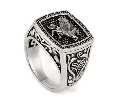 Exclusive Horse (Pegasus) Vintage Byzantine Style Signet Ring, Oxidized Sterling Silver  Ring Authenticity and