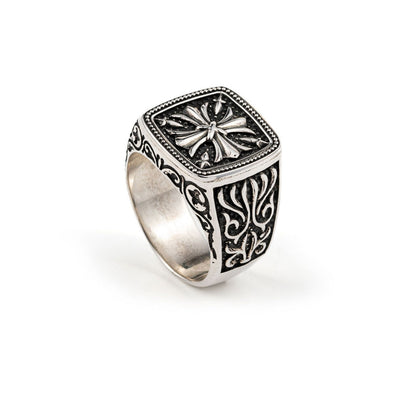 Zyan Gems | Exclusive Cross Vintage Byzantine Style Signet Ring for Men, Oxidized Sterling Silver  Ring | Jewellery for Men
