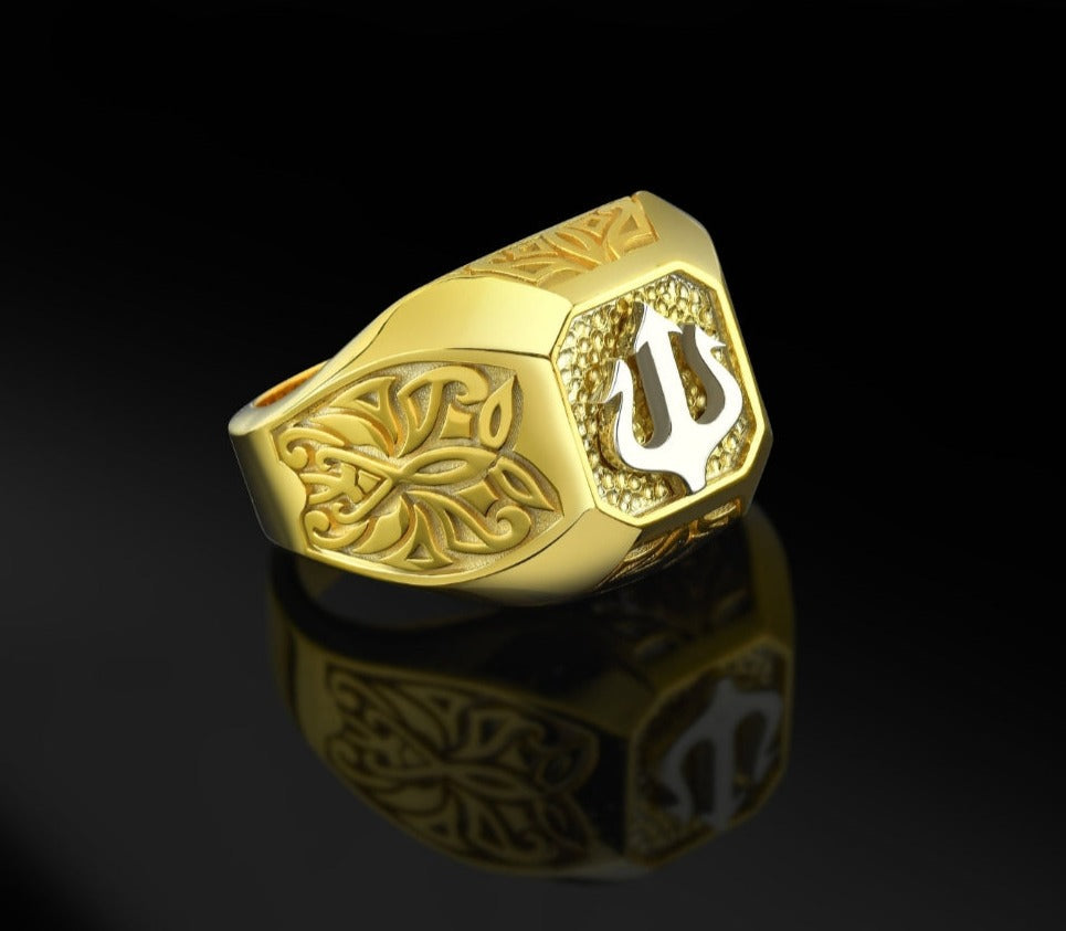 Zyan Gems | Exclusive Trishul Symbol Signet Style Ring for Men,  Gold Micron Plated Sterling Silver  Ring | Jewellery for Men