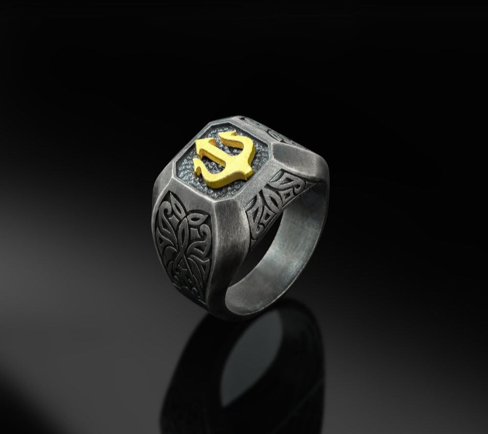 Zyan Gems | Exclusive Trishul Symbol Signet Style Ring for Men, Oxidized Sterling Silver  Ring | Jewellery for Men