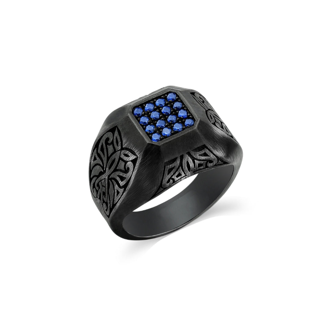 Zyan Gems | Exclusive Signet Style Ring Studded with Blue Zircons for Men, Oxidized Sterling Silver  Ring | Jewellery for Men