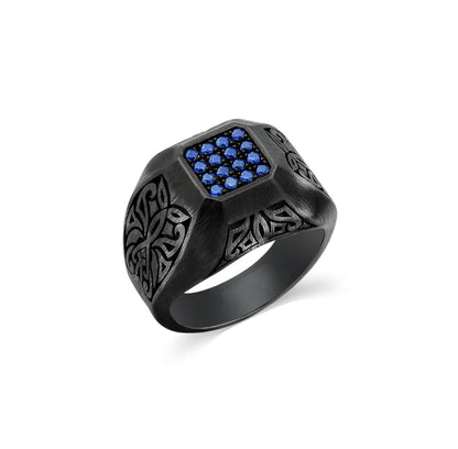 Zyan Gems | Exclusive Signet Style Ring Studded with Blue Zircons for Men, Oxidized Sterling Silver  Ring | Jewellery for Men