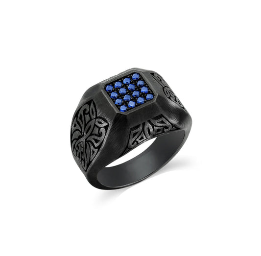 Zyan Gems | Exclusive Signet Style Ring Studded with Blue Zircons for Men, Oxidized Sterling Silver  Ring | Jewellery for Men
