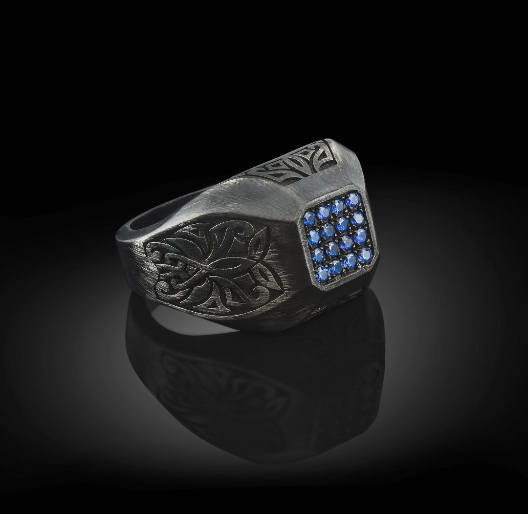 Zyan Gems | Exclusive Signet Style Ring Studded with Blue Zircons for Men, Oxidized Sterling Silver  Ring | Jewellery for Men