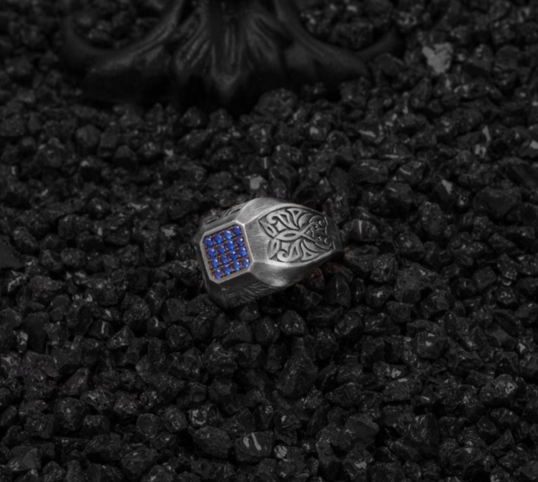 Zyan Gems | Exclusive Signet Style Ring Studded with Blue Zircons for Men, Oxidized Sterling Silver  Ring | Jewellery for Men