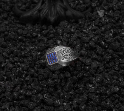 Zyan Gems | Exclusive Signet Style Ring Studded with Blue Zircons for Men, Oxidized Sterling Silver  Ring | Jewellery for Men