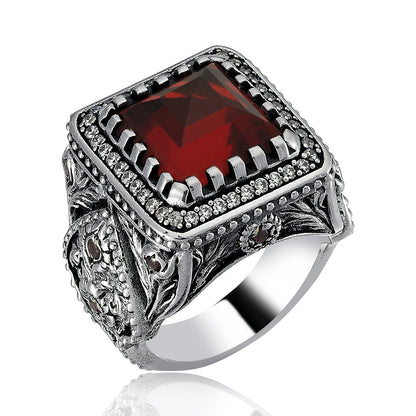 Zyan Gems | Unique Handmade Turkish Style Ring Studded with AAA+ Red Zirconia | 925 Sterling Silver Oxidized Ring Jewelry Authenticity and 925