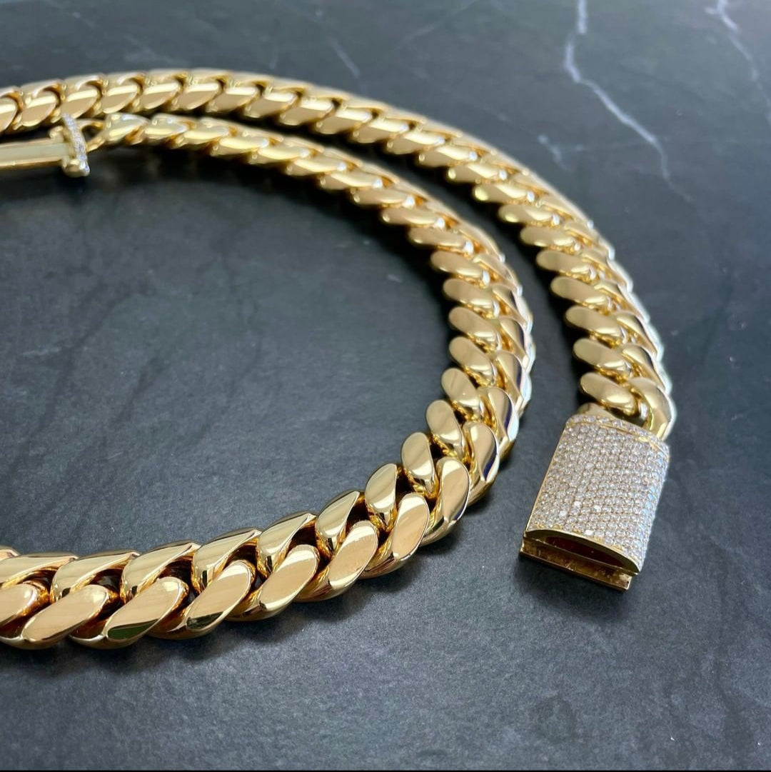 Zyan Gems | Solid 14mm Miami Cuban Link Chain with Iced Lock |  Gold Micron Plated on  Sterling Silver Chain with AAA+ Quality Swarovski Diamonds