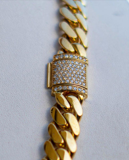Zyan Gems | Solid 14mm Miami Cuban Link Chain with Iced Lock |  Gold Micron Plated on  Sterling Silver Chain with AAA+ Quality Swarovski Diamonds