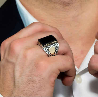 Zyan Gems | Unique Turkish Style Ring with Natural Black Onyx for Men, Oxidized Sterling Silver  Ring | Jewellery for Men