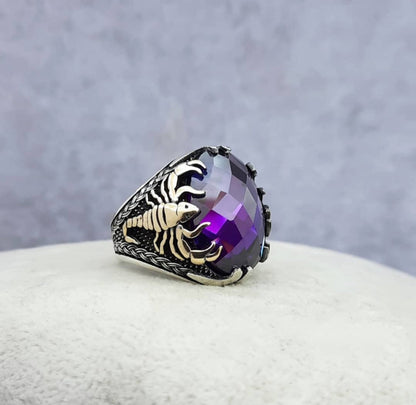 Zyan Gems | Unique Turkish Style Scorpion Ring with Faceted Purple Amethyst |  Sterling Silver Oxidized Zodiac Ring