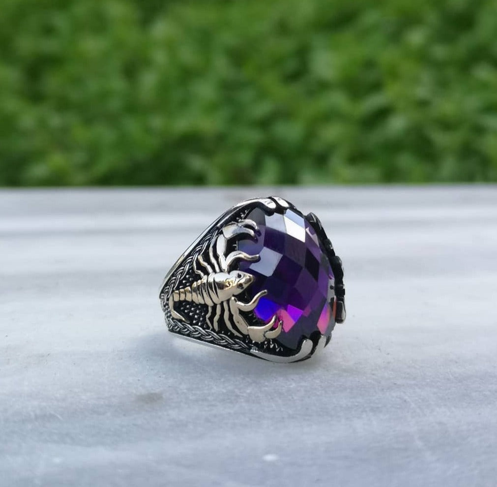 Zyan Gems | Unique Turkish Style Scorpion Ring with Faceted Purple Amethyst |  Sterling Silver Oxidized Zodiac Ring