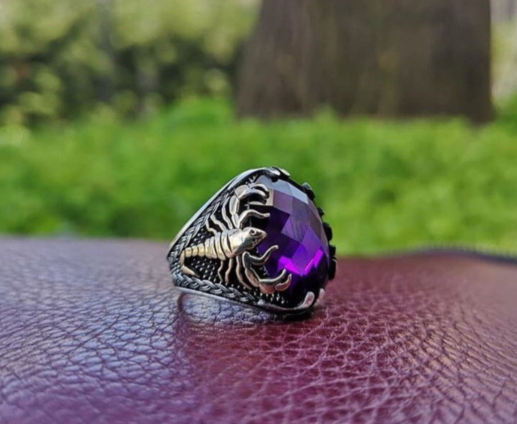 Zyan Gems | Unique Turkish Style Scorpion Ring with Faceted Purple Amethyst |  Sterling Silver Oxidized Zodiac Ring