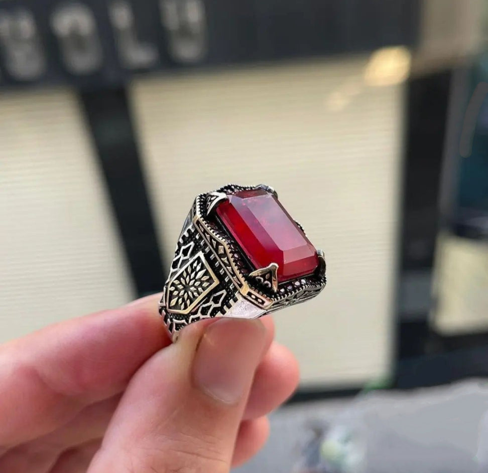Zyan Gems | Unique Handmade Turkish Style Ring Studded with Natural Ruby |  Oxidized  Sterling Silver Ring