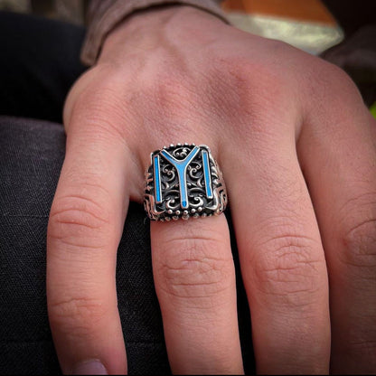 Zyan Gems | Unique Designed Kayi Ring with Blue Enamel |  Sterling Silver Oxidized Ring