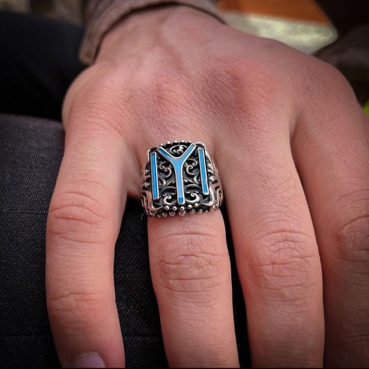 Zyan Gems | Unique Designed Kayi Ring with Blue Enamel |  Sterling Silver Oxidized Ring
