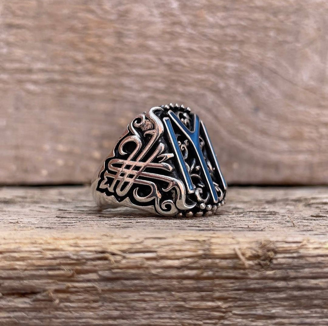 Zyan Gems | Unique Designed Kayi Ring with Blue Enamel |  Sterling Silver Oxidized Ring