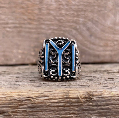 Zyan Gems | Unique Designed Kayi Ring with Blue Enamel |  Sterling Silver Oxidized Ring