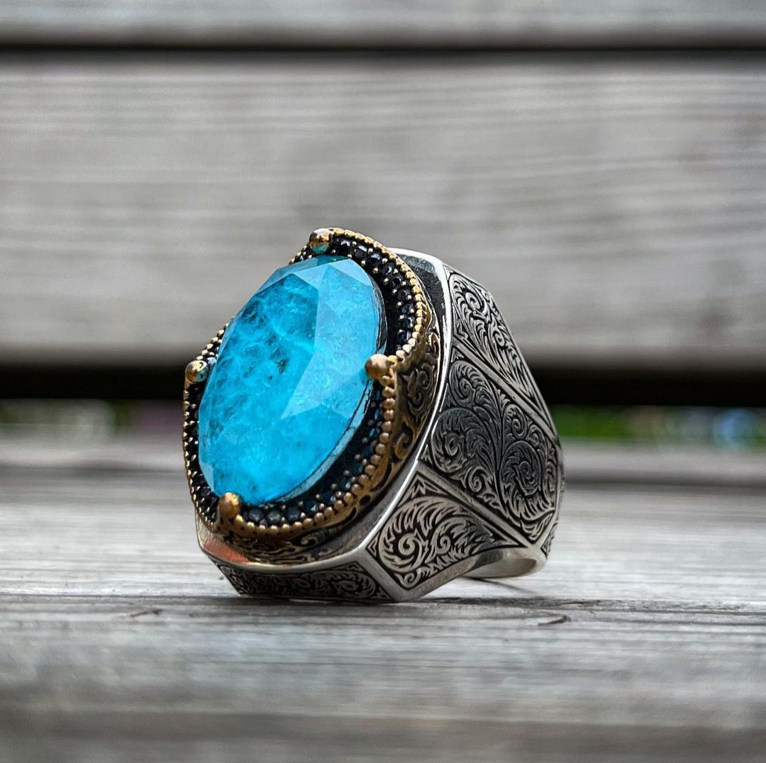 Zyan Gems | Unique Designed Turkish Style Heavy Ring with Natural Blue Topaz |  Sterling Silver Oxidized Ring