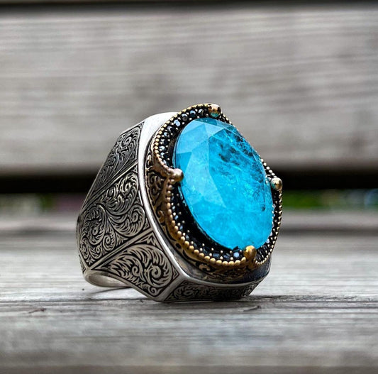 Zyan Gems | Unique Designed Turkish Style Heavy Ring with Natural Blue Topaz |  Sterling Silver Oxidized Ring