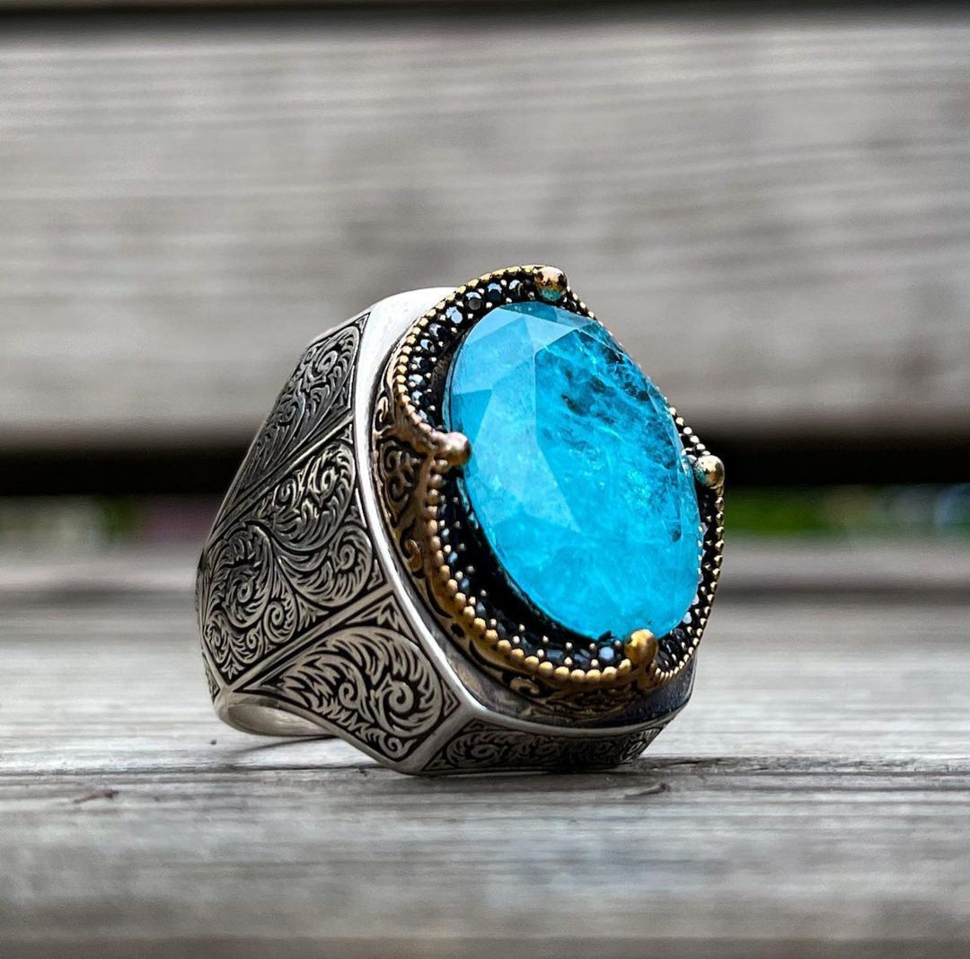 Zyan Gems | Unique Designed Turkish Style Heavy Ring with Natural Blue Topaz |  Sterling Silver Oxidized Ring