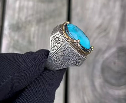 Zyan Gems | Unique Designed Turkish Style Heavy Ring with Natural Blue Topaz |  Sterling Silver Oxidized Ring