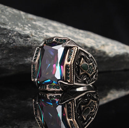 Zyan Gems | Unique Designed Turkish Style Heavy Ring with Multicolored Alexandrite | 925 Sterling Silver Oxidized Ring Jewelry Authenticity and 925
