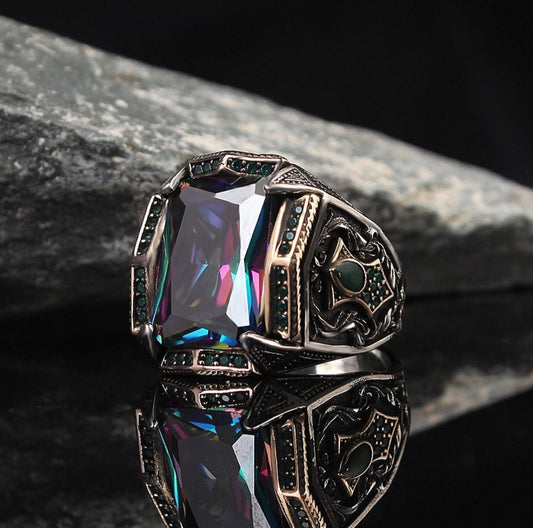 Zyan Gems | Unique Designed Turkish Style Heavy Ring with Multicolored Alexandrite | 925 Sterling Silver Oxidized Ring Jewelry Authenticity and 925