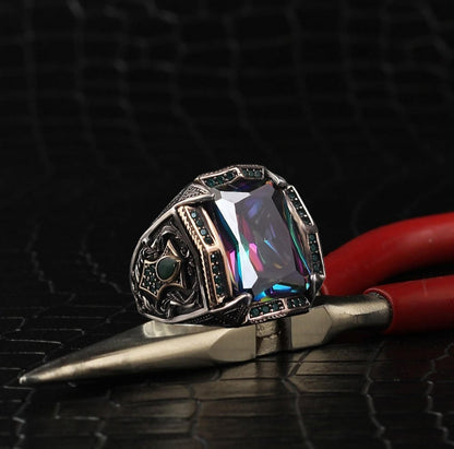 Zyan Gems | Unique Designed Turkish Style Heavy Ring with Multicolored Alexandrite |  Sterling Silver Oxidized Ring