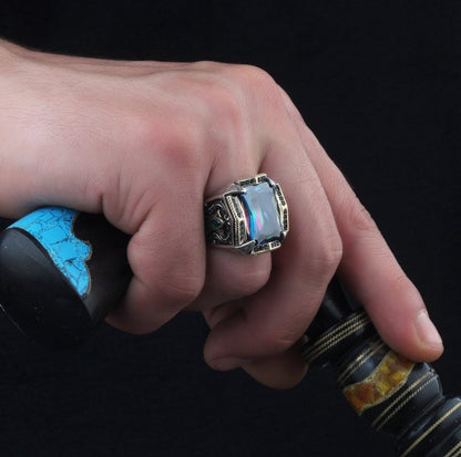 Zyan Gems | Unique Designed Turkish Style Heavy Ring with Multicolored Alexandrite |  Sterling Silver Oxidized Ring