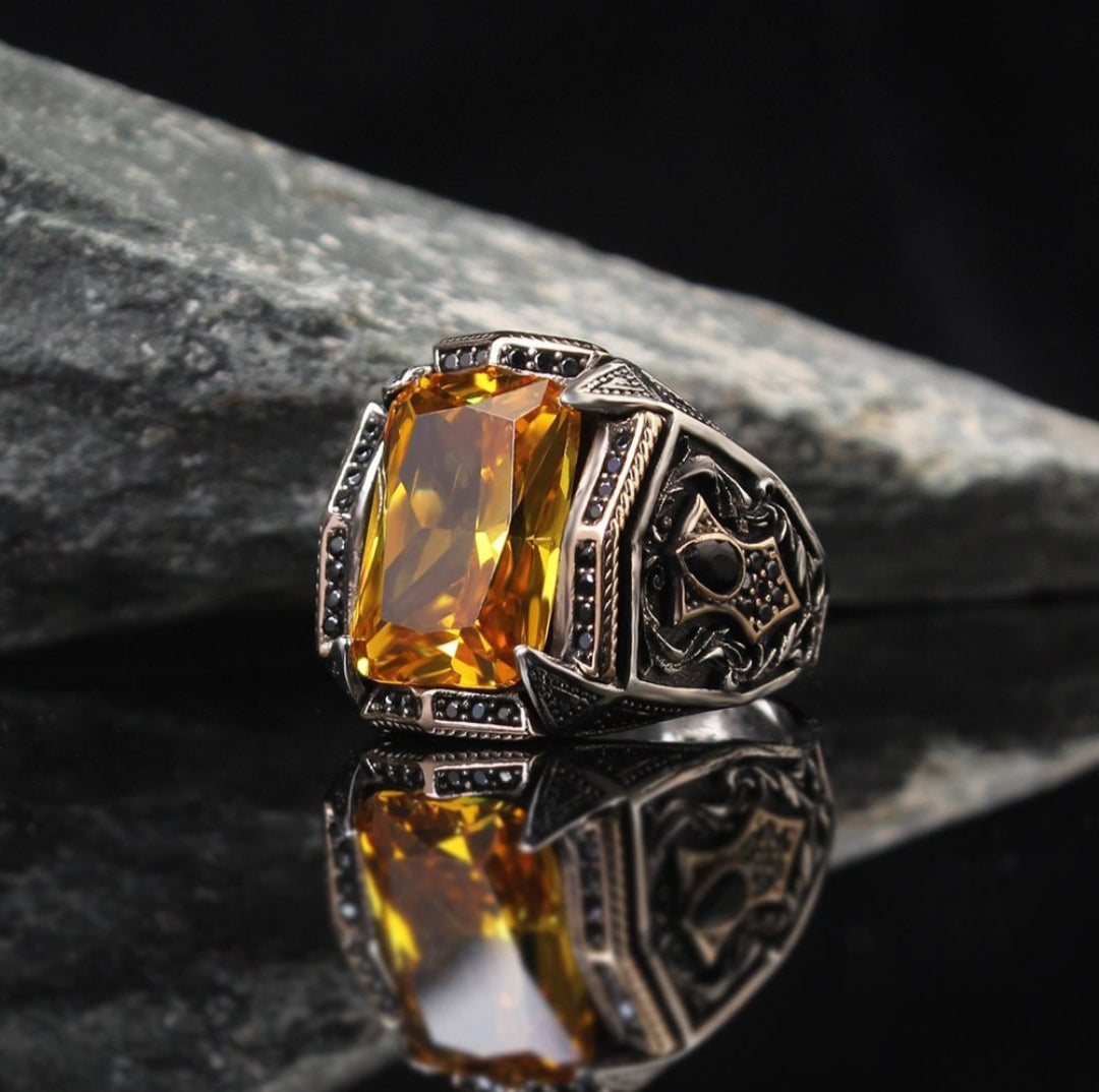 Zyan Gems | Unique Designed Turkish Style Heavy Ring with Natural Yellow Citrine |  Sterling Silver Oxidized Ring