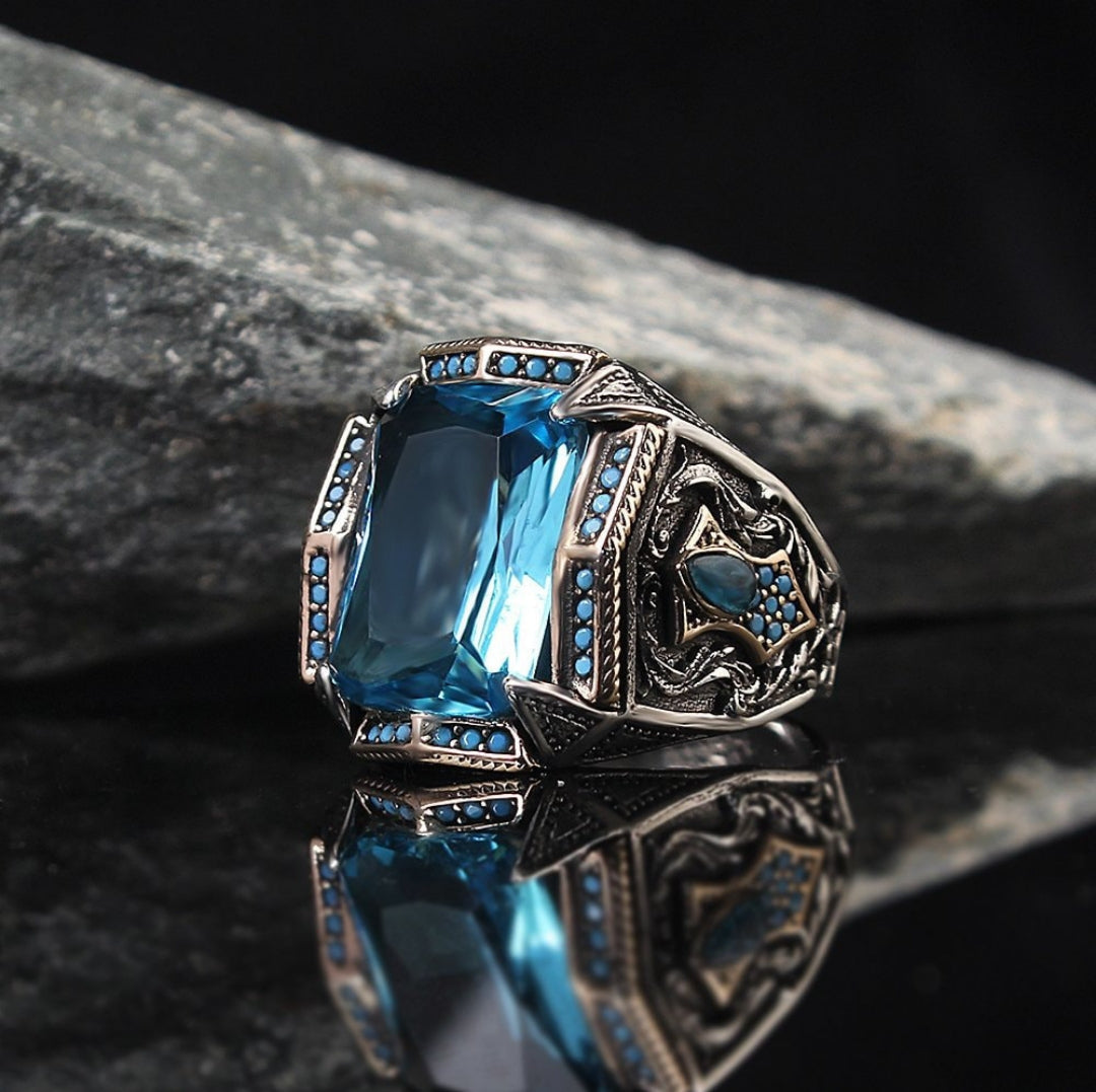 Zyan Gems | Unique Designed Turkish Style Heavy Ring with Blue Topaz |  Sterling Silver Oxidized Ring