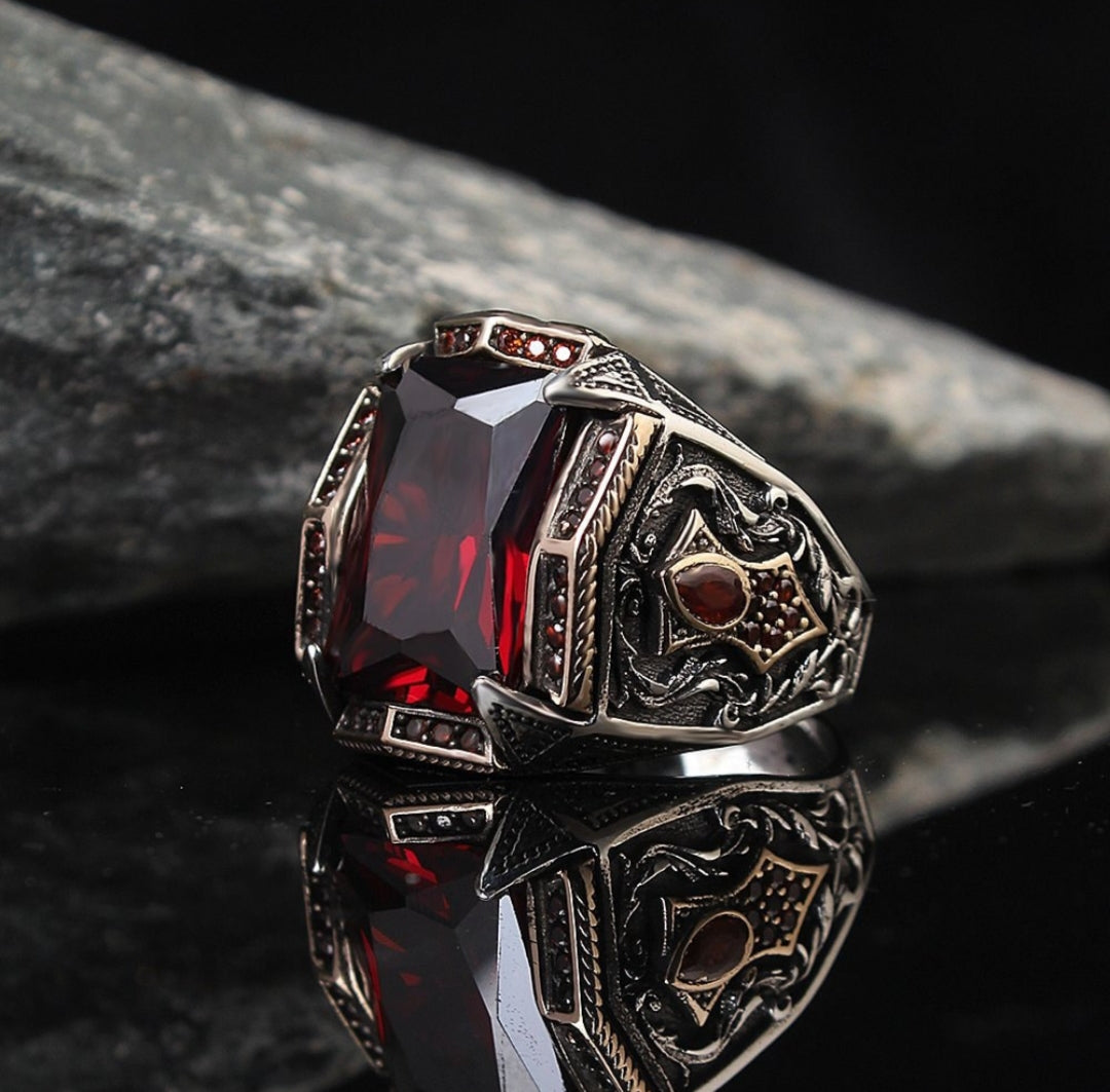 Zyan Gems | Unique Designed Turkish Style Heavy Ring with Red Zircon |  Sterling Silver Oxidized Ring