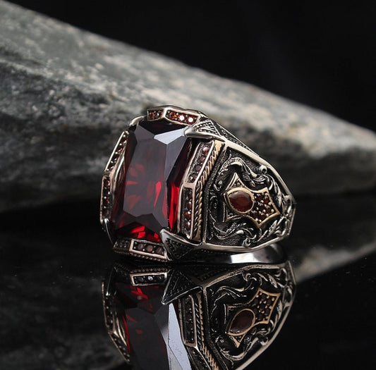 Zyan Gems | Unique Designed Turkish Style Heavy Ring with Red Zircon |  Sterling Silver Oxidized Ring