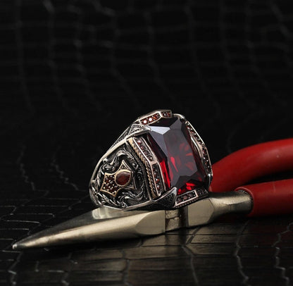 Zyan Gems | Unique Designed Turkish Style Heavy Ring with Red Zircon |  Sterling Silver Oxidized Ring