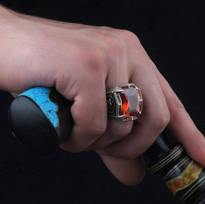 Zyan Gems | Unique Designed Turkish Style Heavy Ring with Red Zircon |  Sterling Silver Oxidized Ring