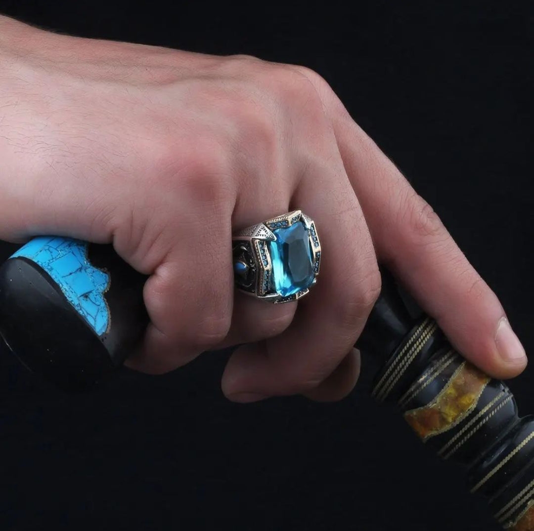 Zyan Gems | Unique Designed Turkish Style Heavy Ring with Blue Topaz |  Sterling Silver Oxidized Ring