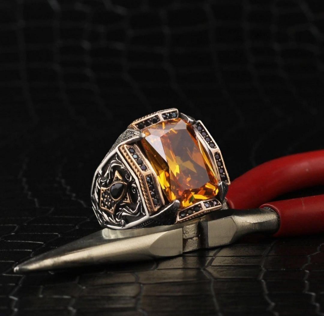 Zyan Gems | Unique Designed Turkish Style Heavy Ring with Natural Yellow Citrine |  Sterling Silver Oxidized Ring