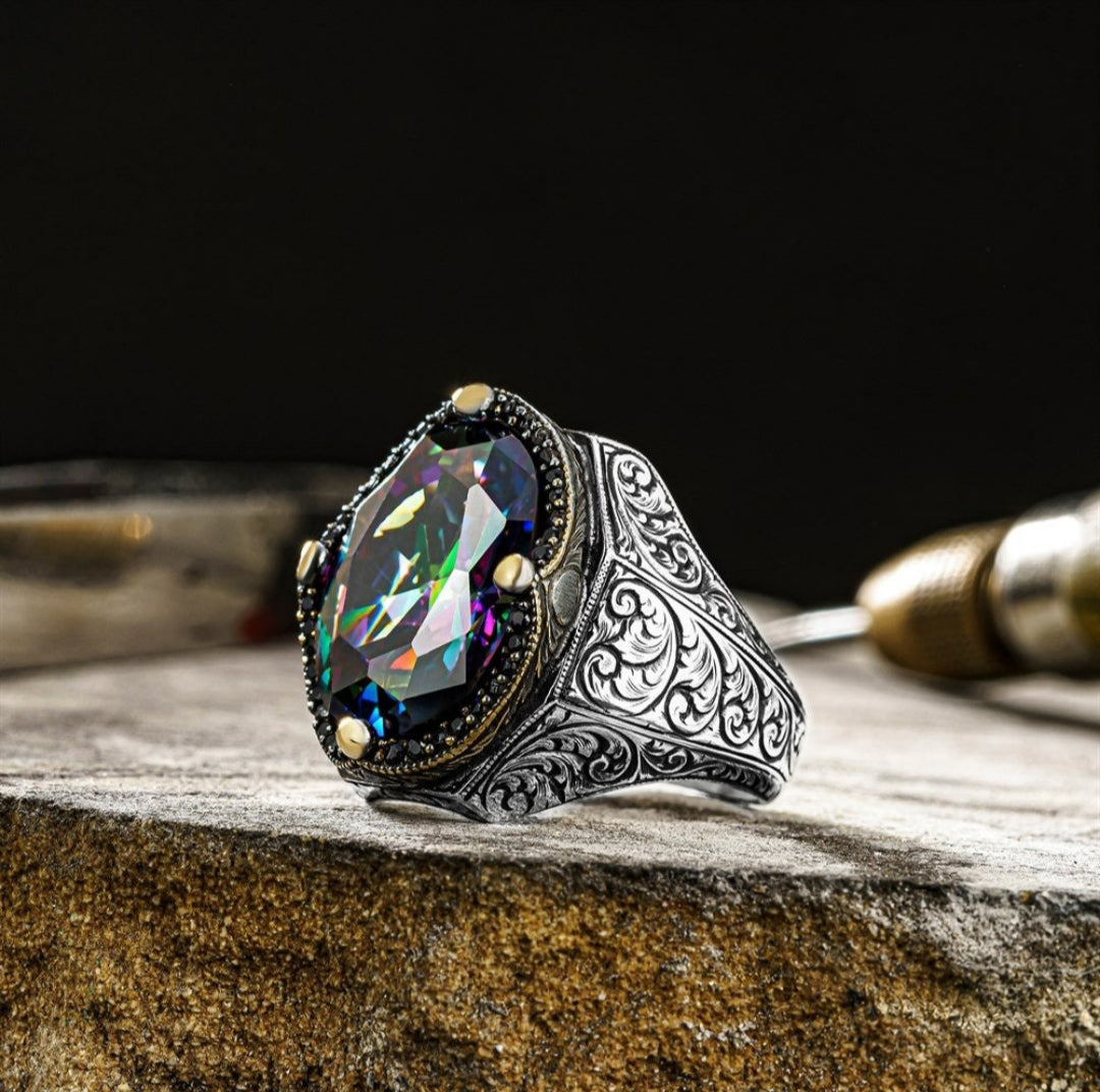 Zyan Gems | Unique Designed Turkish Style Heavy Ring with Multicolored Alexandrite |  Sterling Silver Oxidized Ring