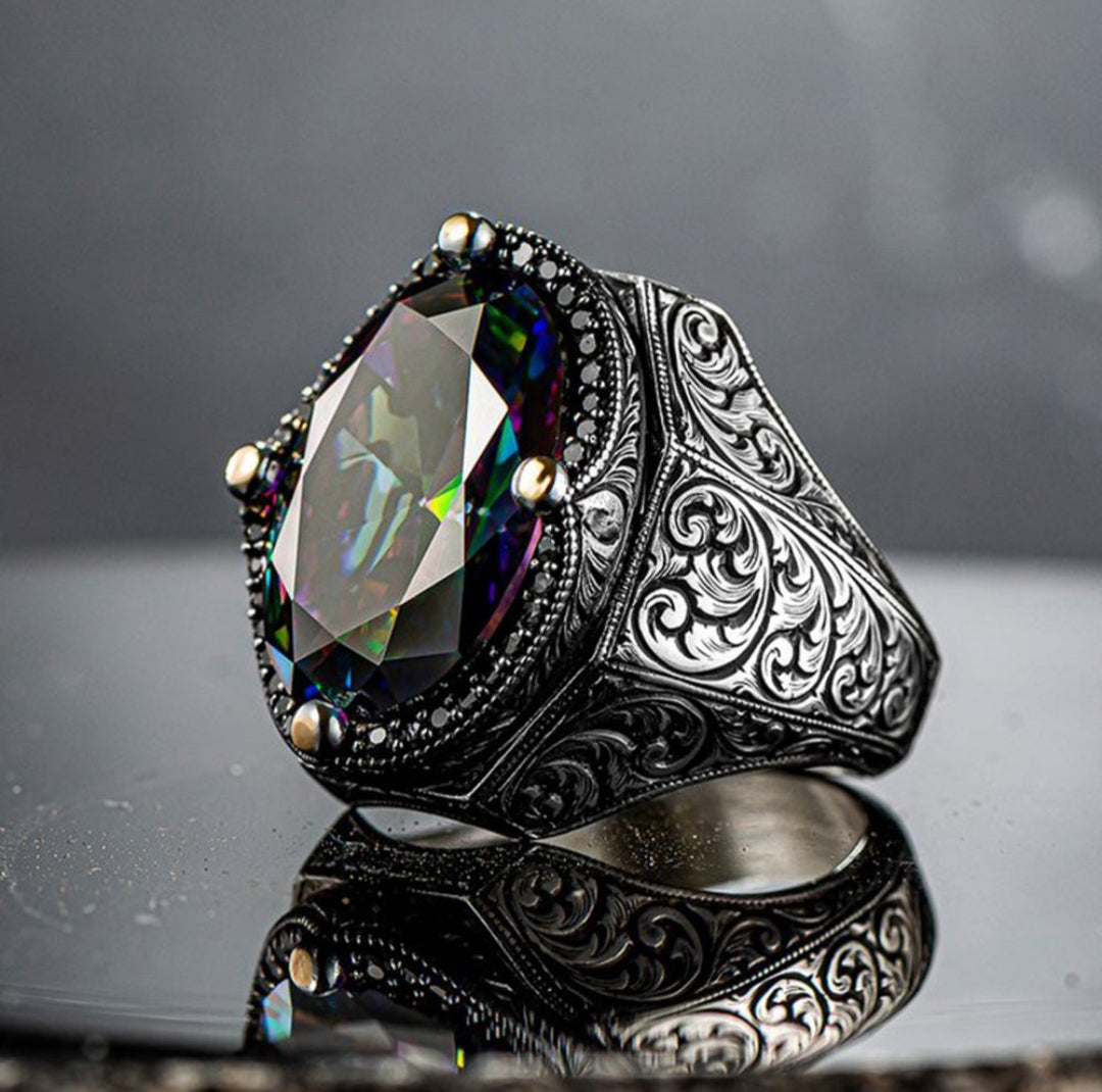 Zyan Gems | Unique Designed Turkish Style Heavy Ring with Multicolored Alexandrite |  Sterling Silver Oxidized Ring