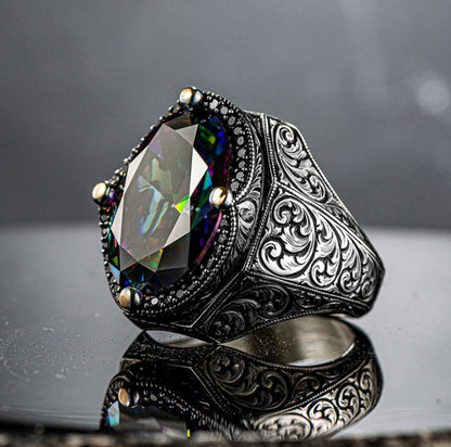 Zyan Gems | Unique Designed Turkish Style Heavy Ring with Multicolored Alexandrite |  Sterling Silver Oxidized Ring