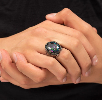 Zyan Gems | Unique Designed Turkish Style Heavy Ring with Multicolored Alexandrite |  Sterling Silver Oxidized Ring