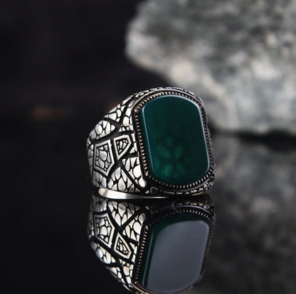 Zyan Gems | Unique Designed Turkish Style Ring with Natural Green Onyx |  Sterling Silver Oxidized Ring
