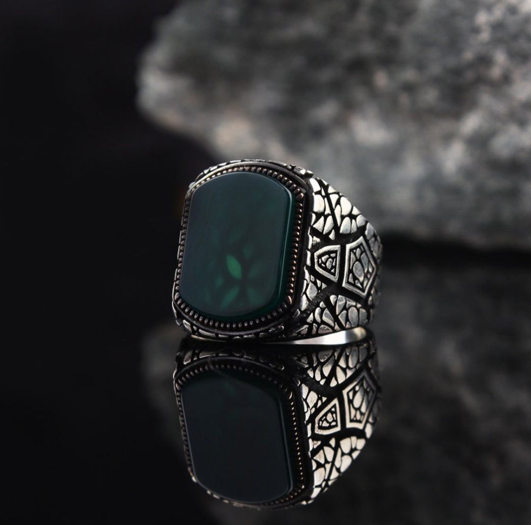 Zyan Gems | Unique Designed Turkish Style Ring with Natural Green Onyx |  Sterling Silver Oxidized Ring