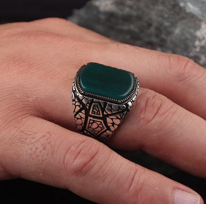 Zyan Gems | Unique Designed Turkish Style Ring with Natural Green Onyx |  Sterling Silver Oxidized Ring