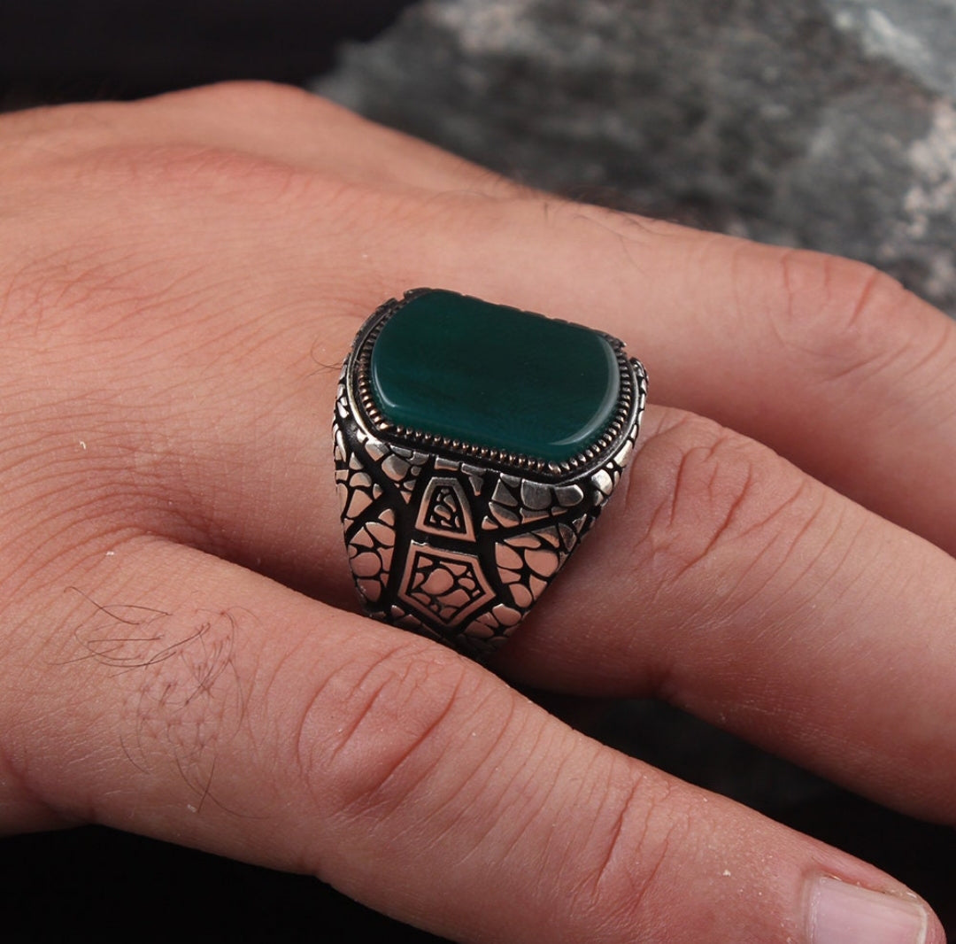 Zyan Gems | Unique Designed Turkish Style Ring with Natural Green Onyx |  Sterling Silver Oxidized Ring