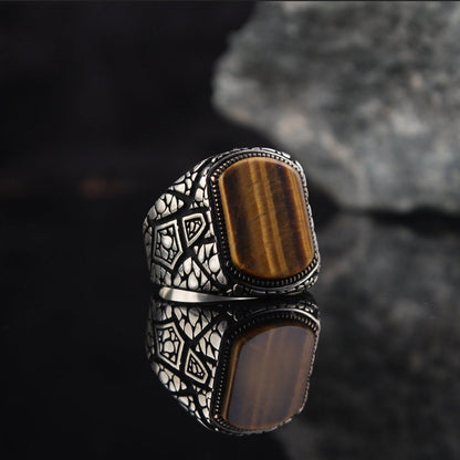 Zyan Gems | Unique Designed Turkish Style Ring with Natural Tiger Eye |  Sterling Silver Oxidized Ring