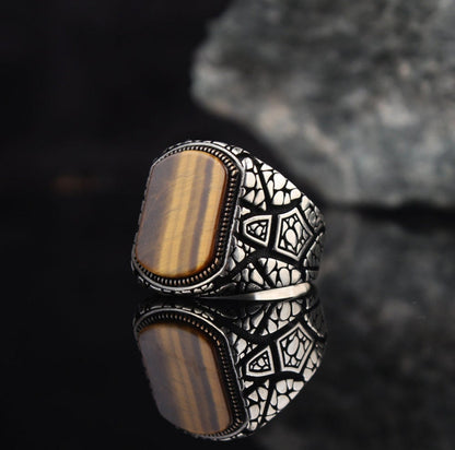 Zyan Gems | Unique Designed Turkish Style Ring with Natural Tiger Eye |  Sterling Silver Oxidized Ring